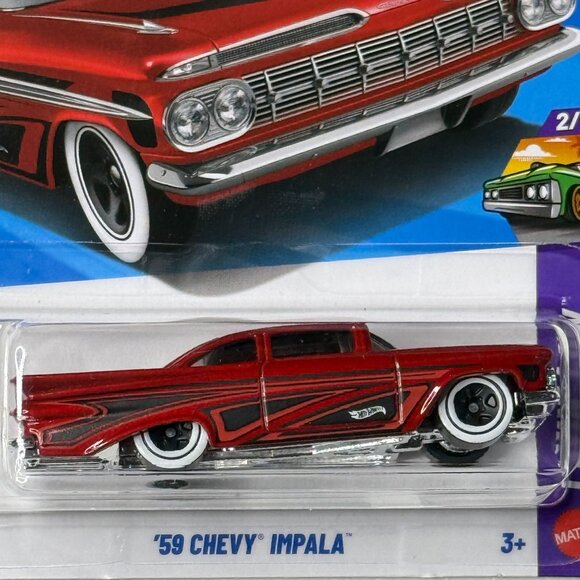 Hot Wheels ’59 Chevy Impala Layin’ Low Red 2/5 Mainline NOC - Picture 3 of 6